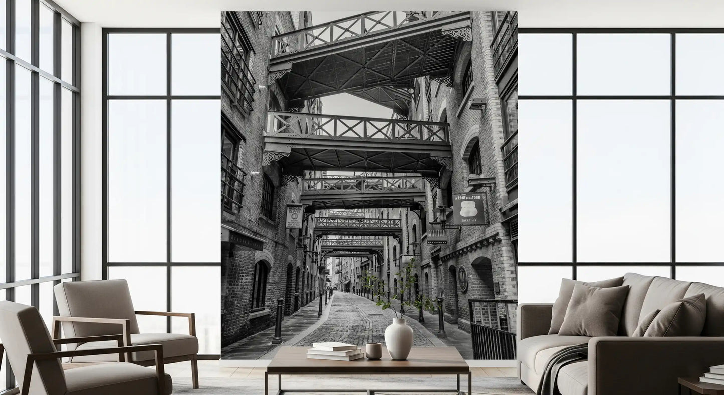 Historic Walkways wall mural in a living room with gray urban architecture., GD10447