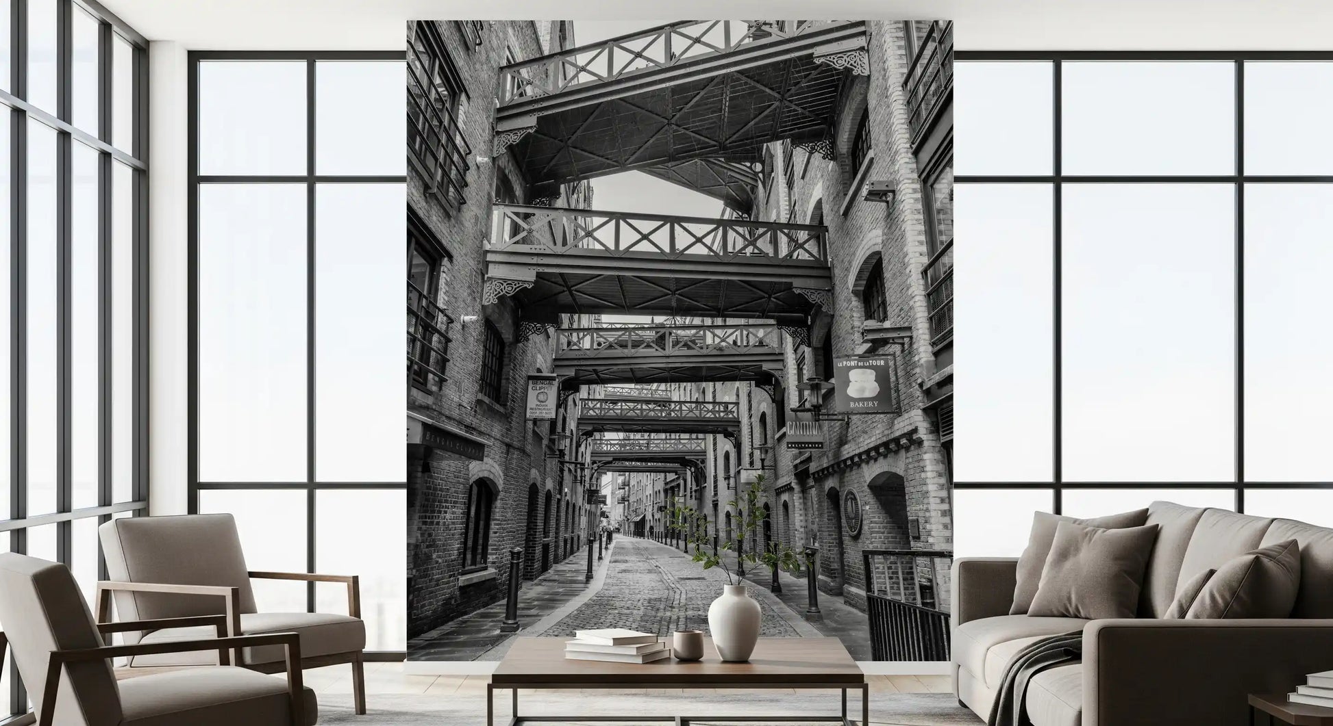 Historic Walkways wall mural in a living room with gray urban architecture., GD10447