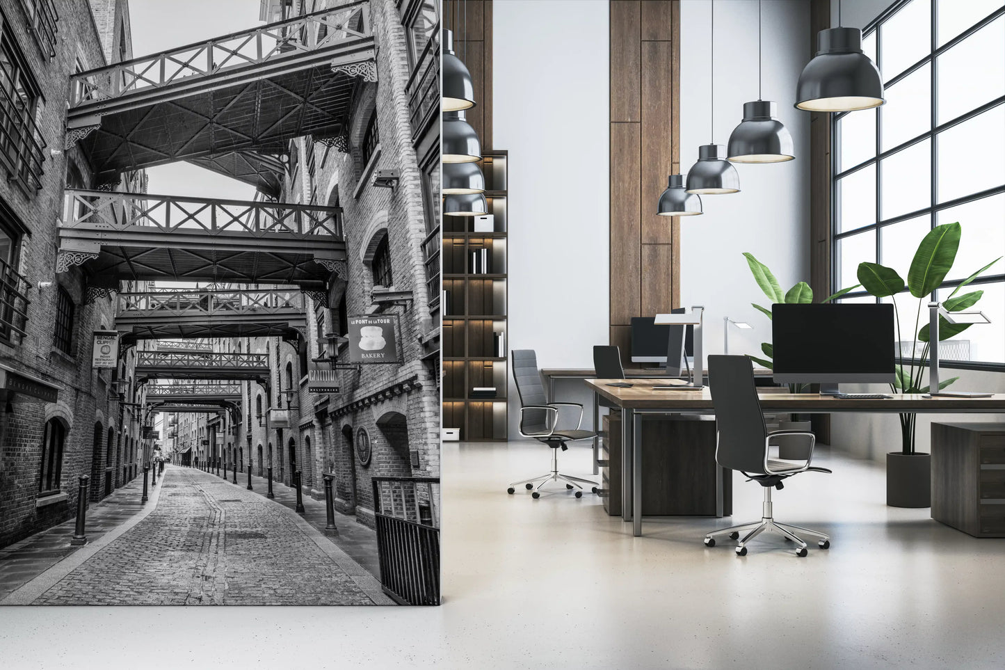 Historic London Walkways wall mural with cobblestone alley and iron bridges., GD10447