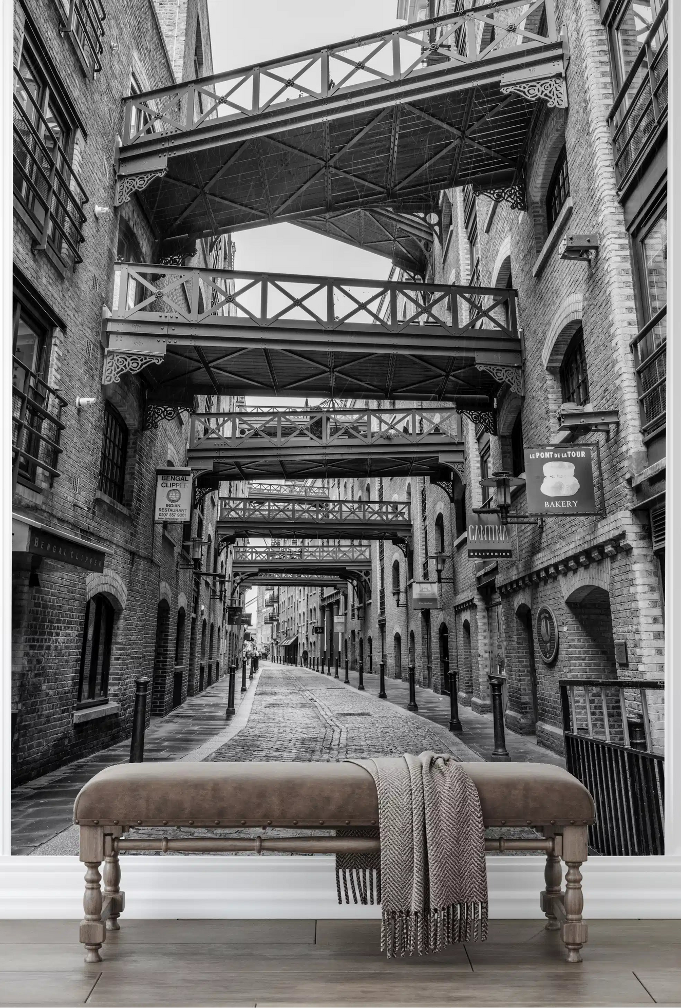 Historic London Walkways wall mural in an hallway space with monochrome warehouse.
