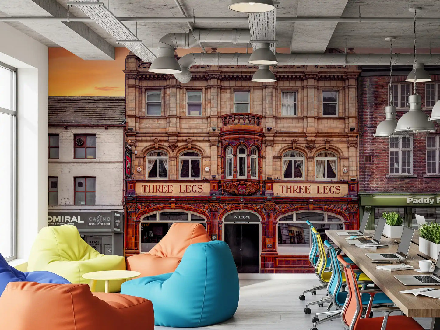 Three Legs wall mural with Streetscape with brick and stone neighbours in office., GD10448