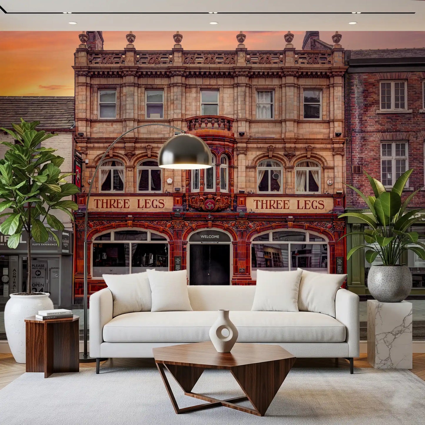 Three Legs wall mural with Red and maroon glazed tile frontage in living area., GD10448