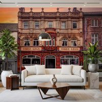 Three Legs wall mural with Red and maroon glazed tile frontage in living area., GD10448