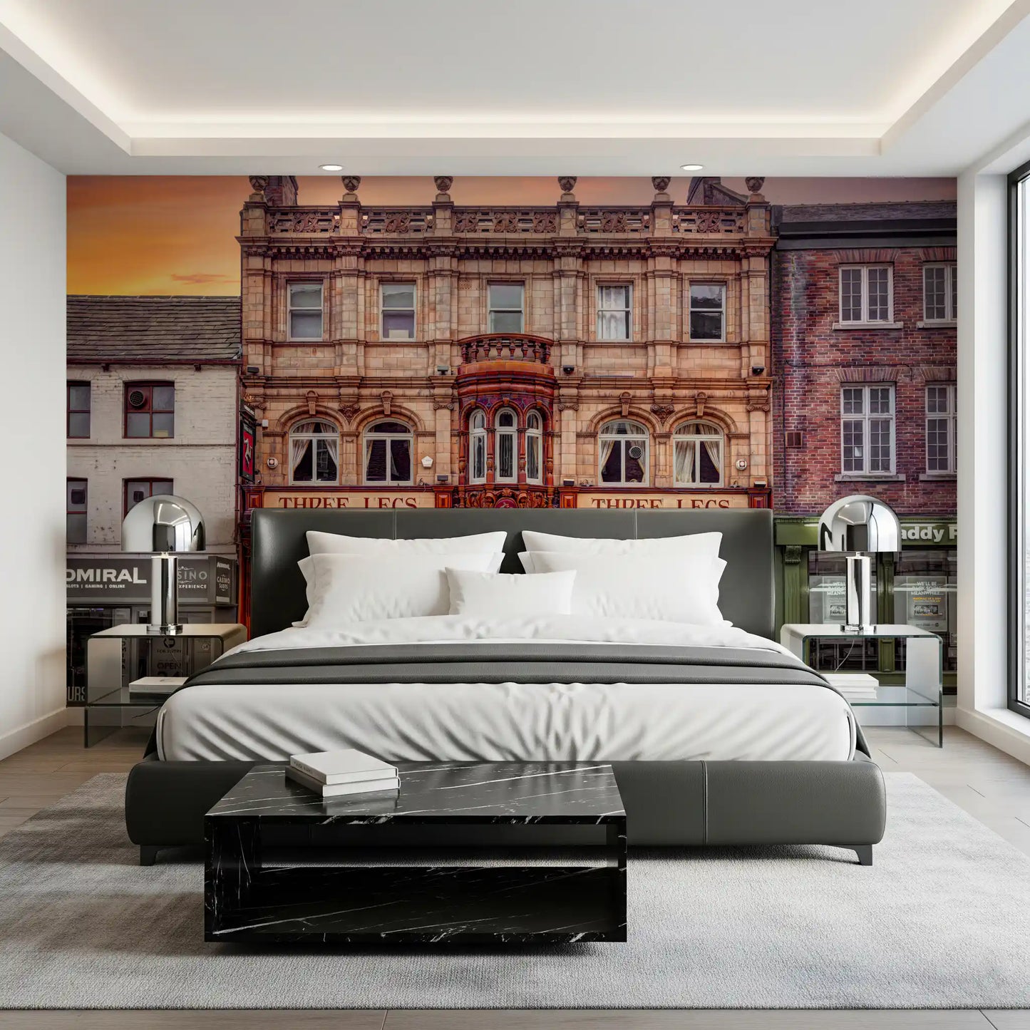 Victorian wall mural showing Ornate bay window and decorative cornices in bedroom., GD10448