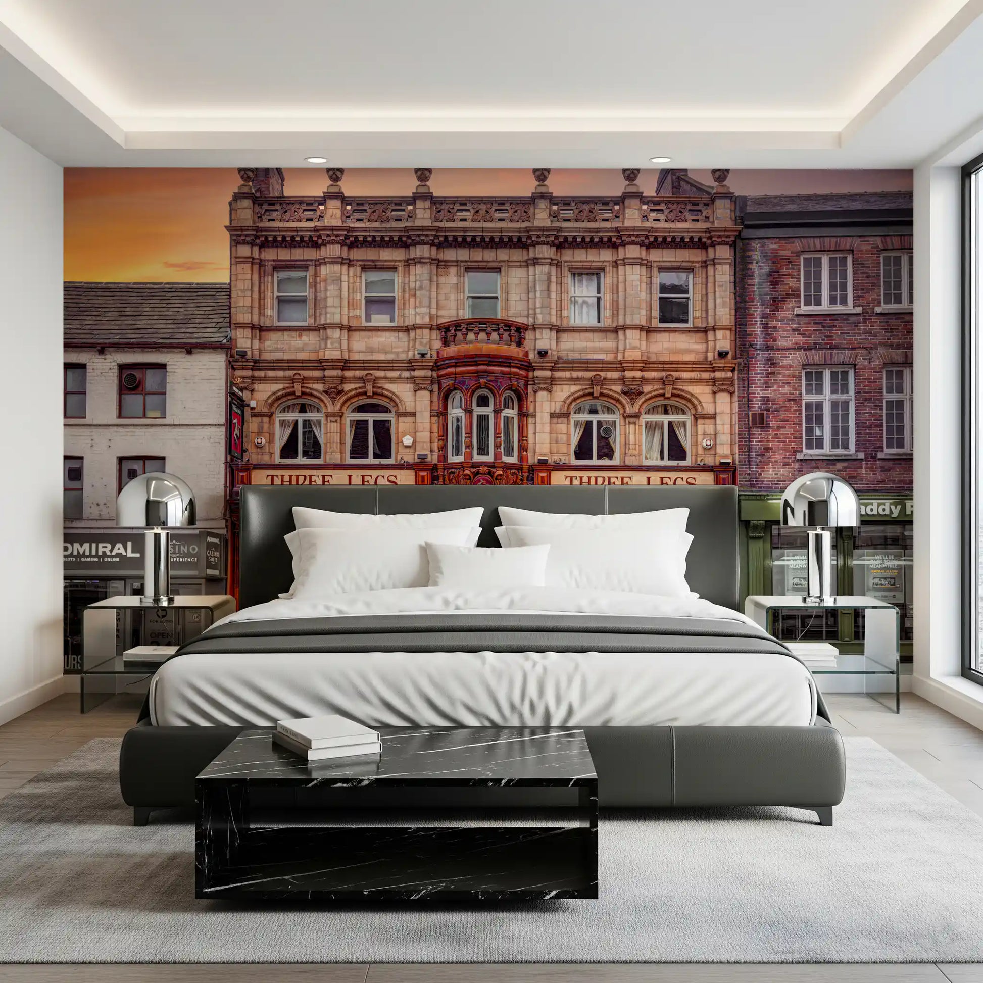 Victorian wall mural showing Ornate bay window and decorative cornices in bedroom., GD10448