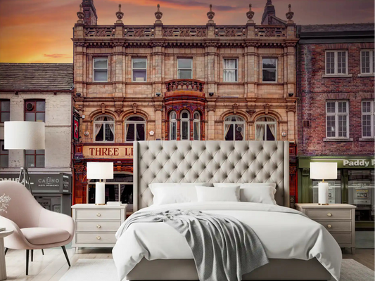 Three Legs A Timeless Landmark wall mural in a bedroom with red and sand tones.