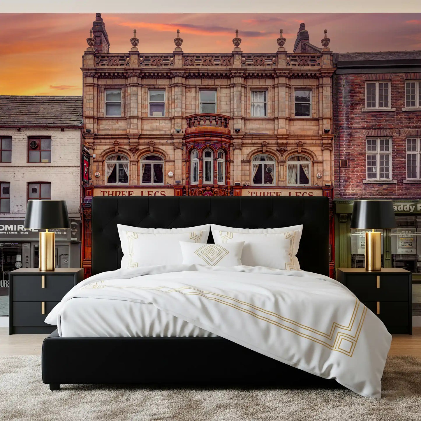 Three Legs Landmark wall mural with Victorian pub facade and ornate bay window., GD10448