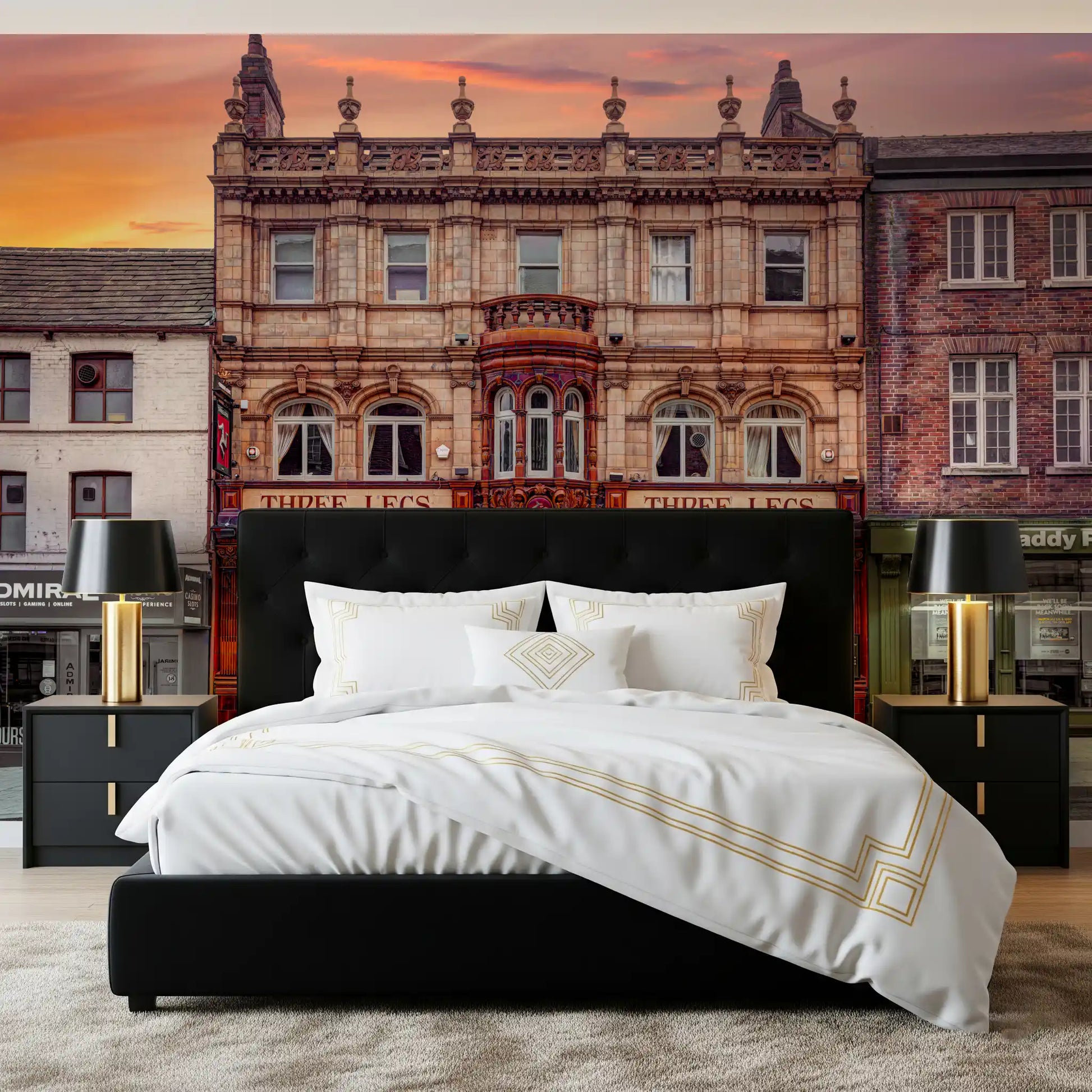 Three Legs Landmark wall mural with Victorian pub facade and ornate bay window., GD10448