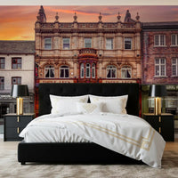 Three Legs Landmark wall mural with Victorian pub facade and ornate bay window., GD10448