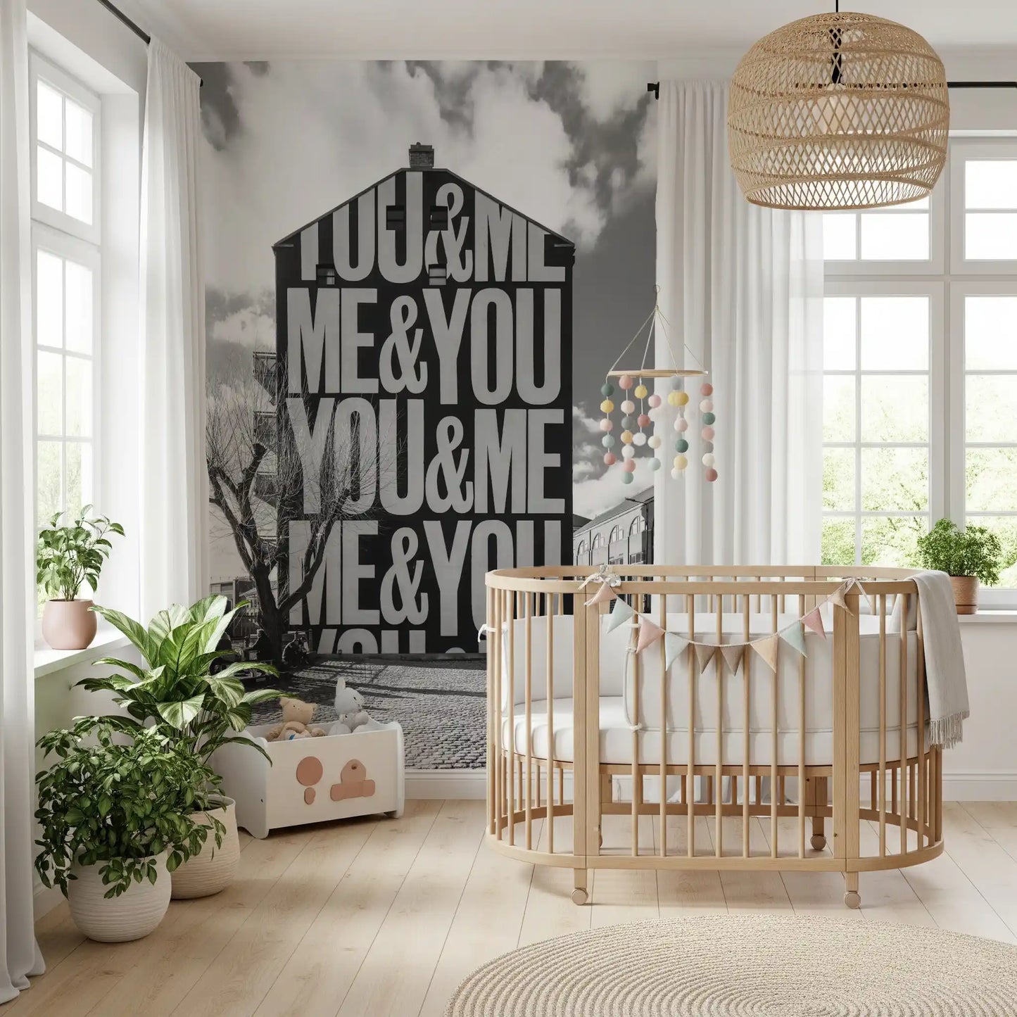 You and Me wall mural with grey tonal depth and street styling in kids room., GD10449