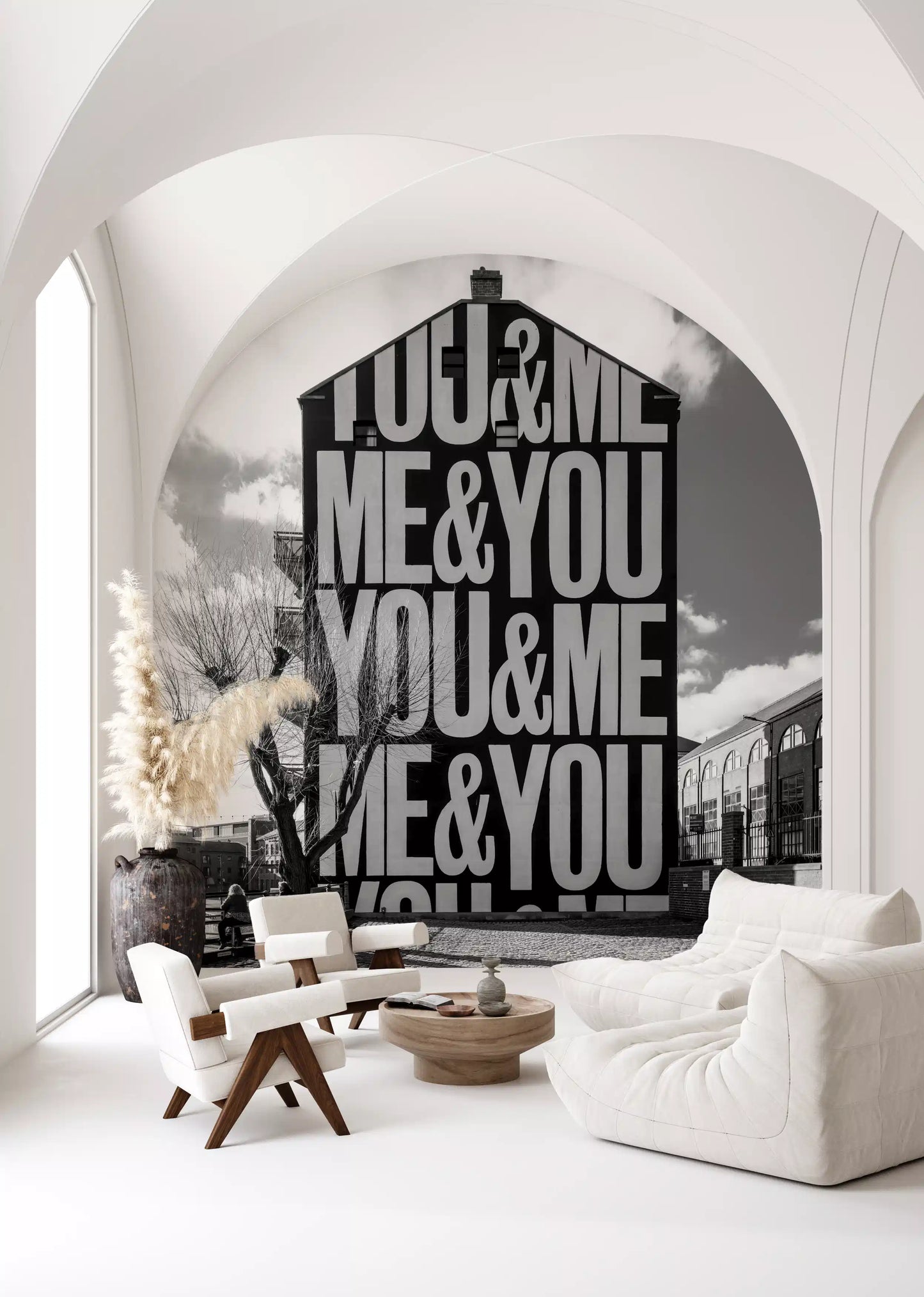 You and Me urban typography wall mural with bold black and white serif letters., GD10449