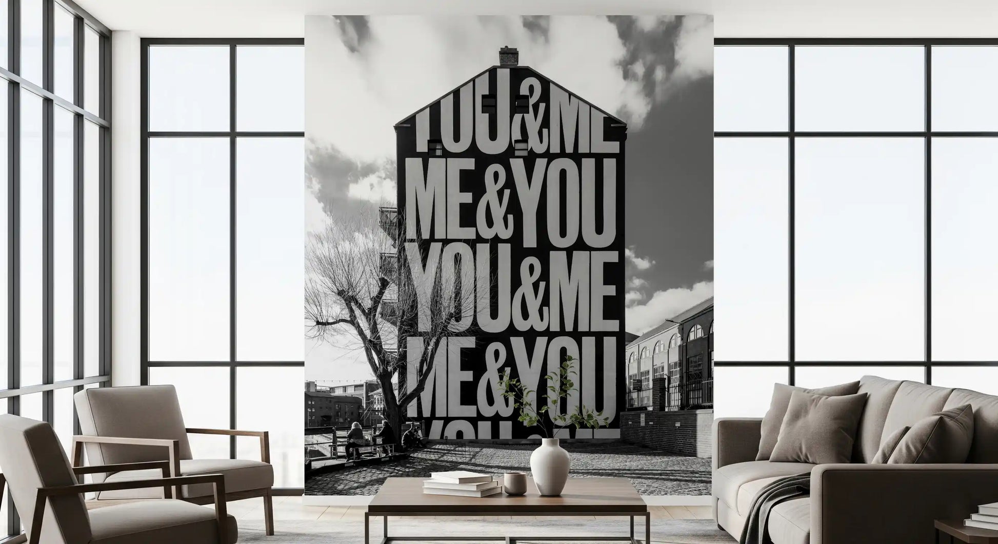 Black and white You and Me mural with vertical text arrangement., GD10449