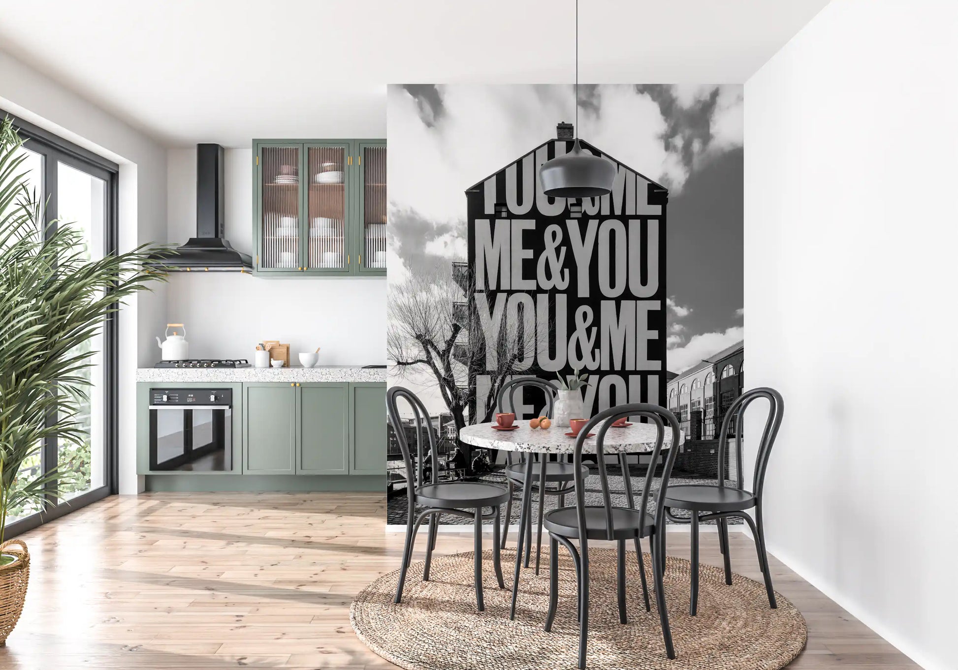 Monochrome typographic wall mural with urban street influence in dining room., GD10449