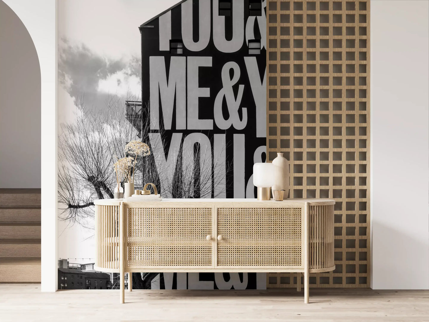 Alternating You and Me lettering pattern in monochrome wall mural., GD10449