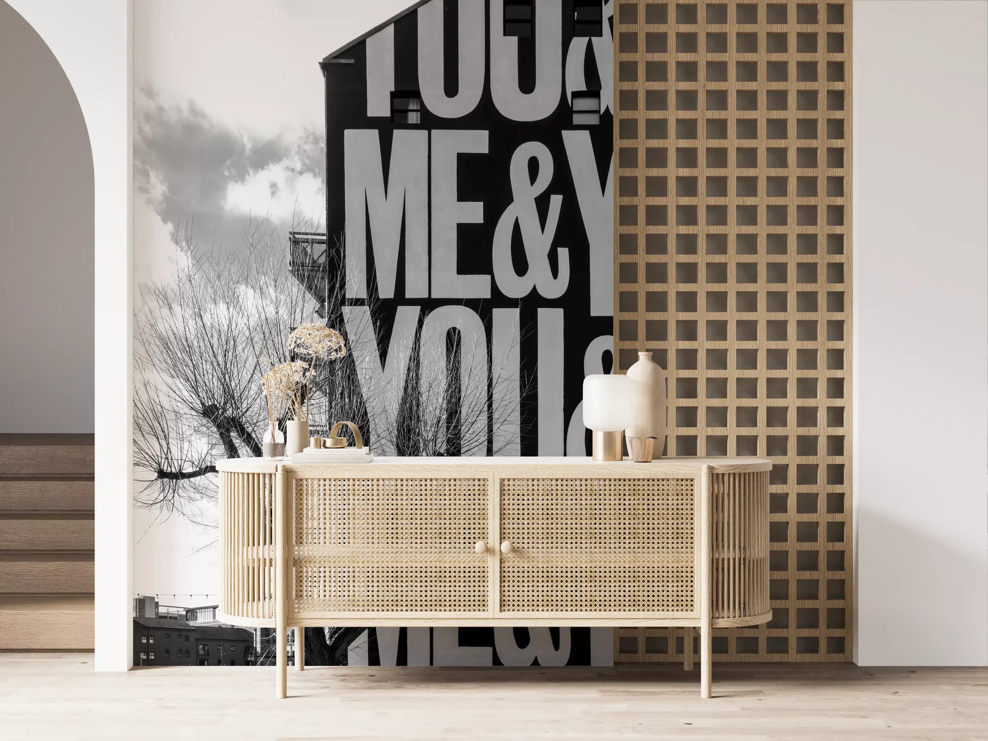 Alternating You and Me lettering pattern in monochrome wall mural., GD10449