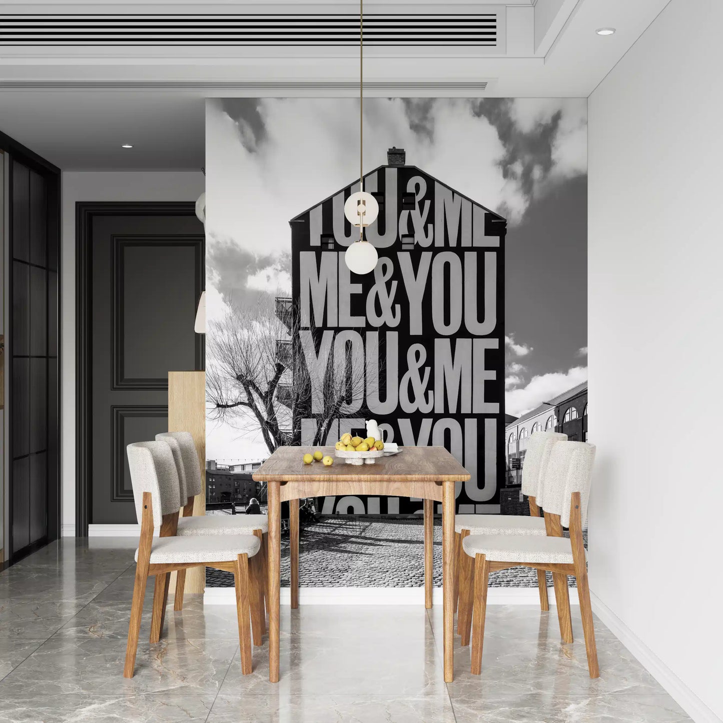 You and Me typography wall mural in a dining room with urban street., GD10449