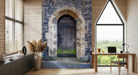 Arched wall mural with weathered wooden door and Commit No Nuisance text., GD10450