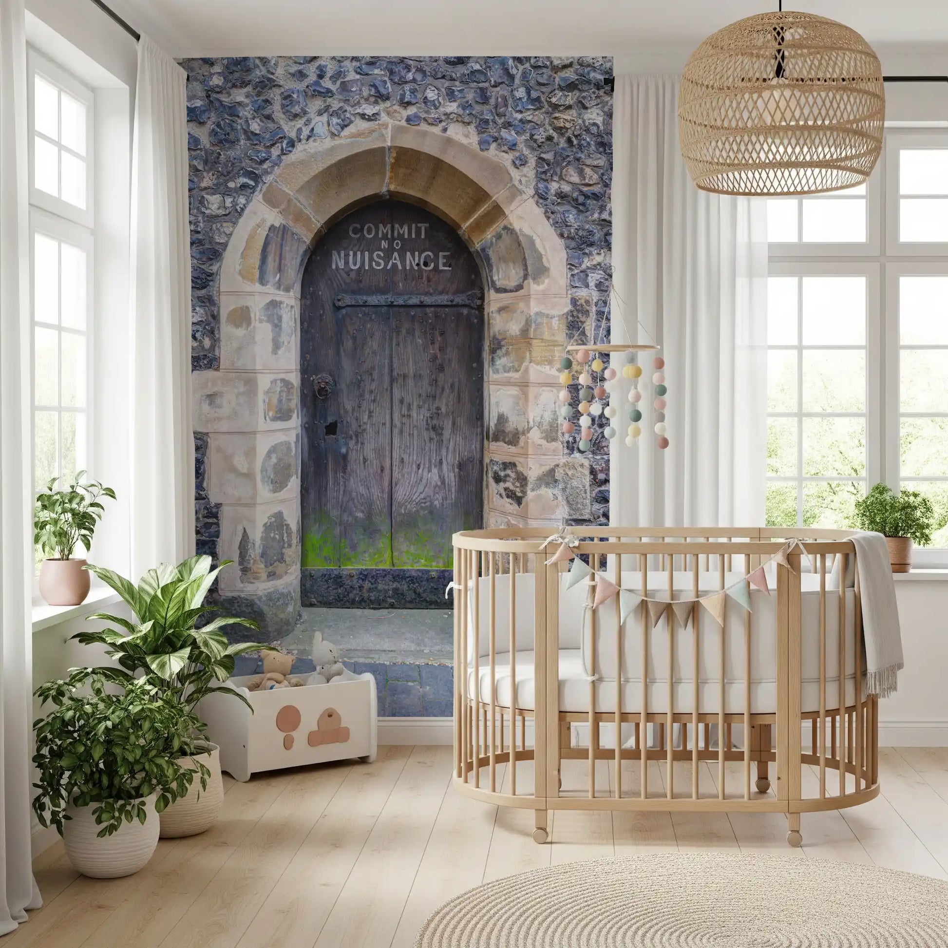 Weathered wooden door wall mural with green moss and natural grain in toddler room., GD10450