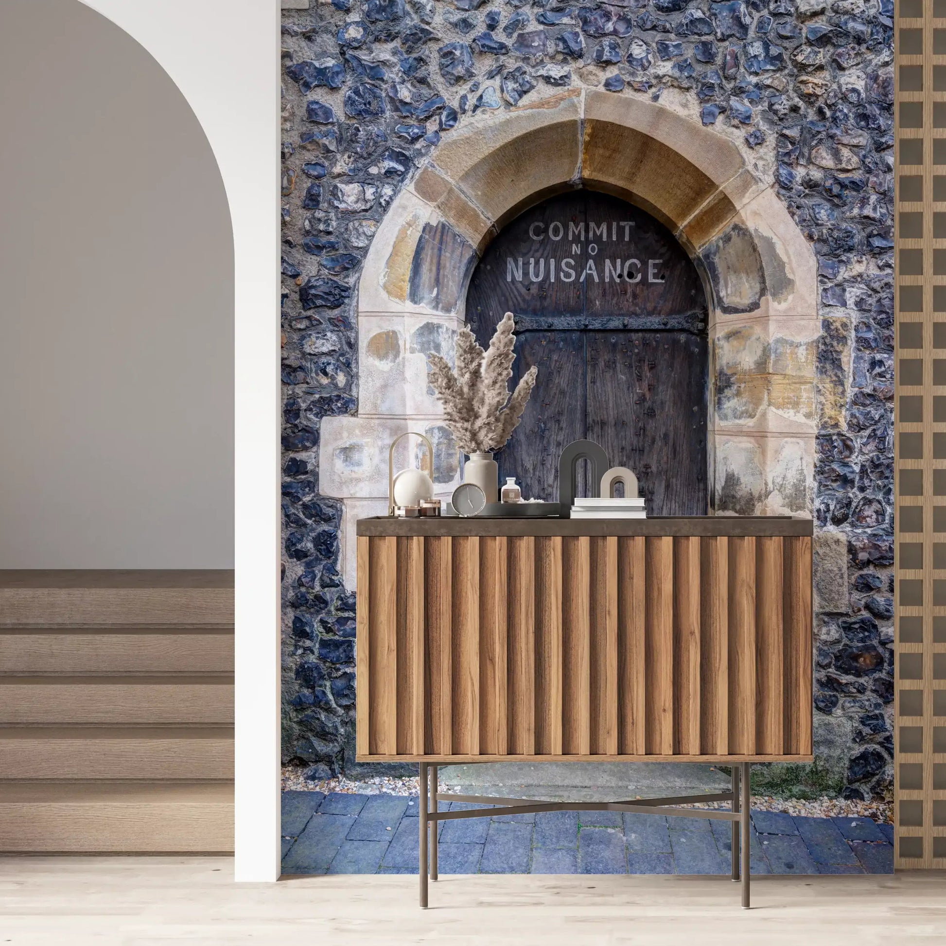 Commit No Nuisance wall mural with flint stone surround and Gothic arch., GD10450