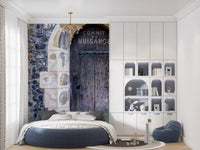 Vintage stone archway mural with sandstone quoins and rubble wall in bedroom., GD10450