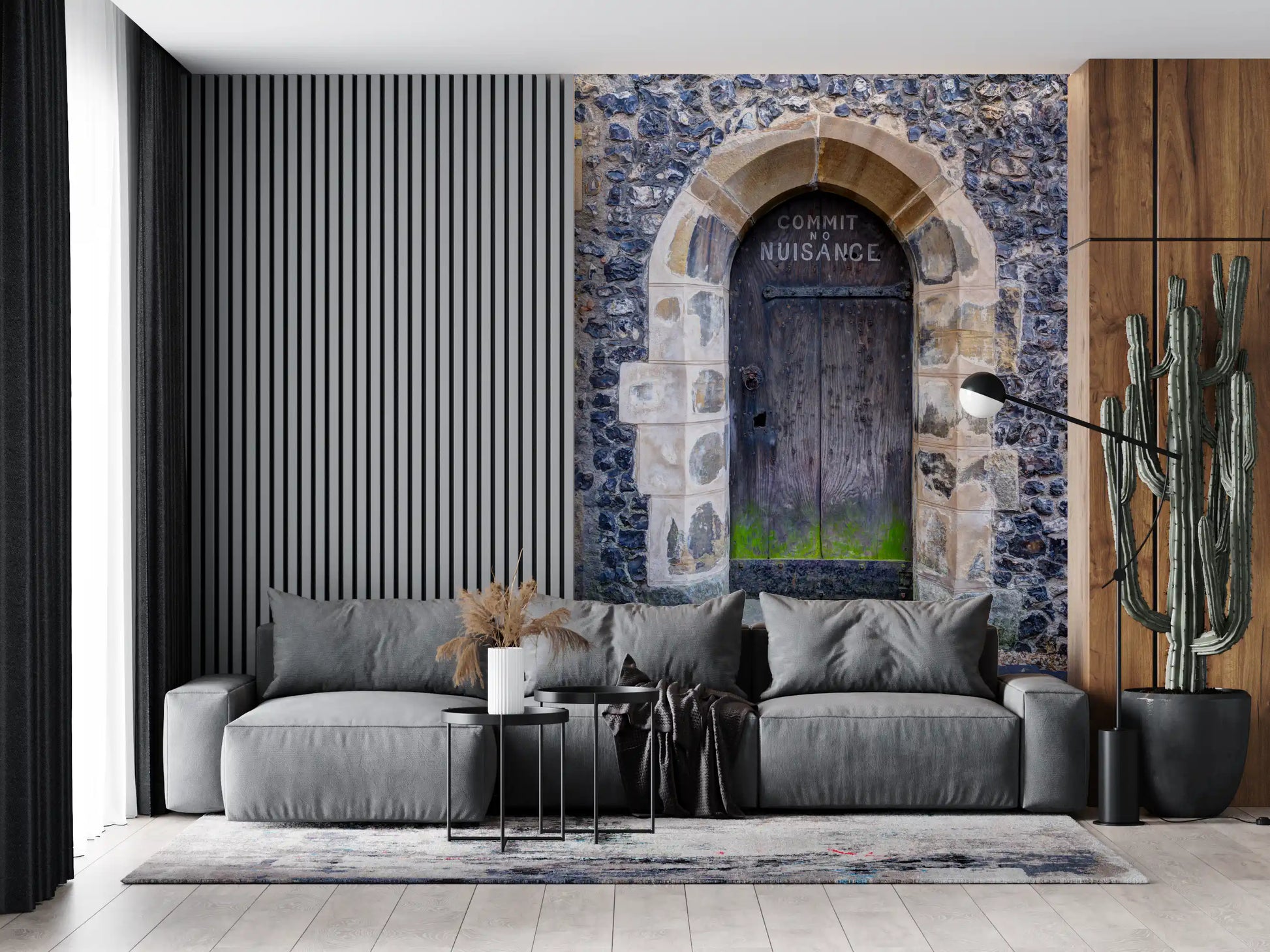 Arched entry mural showing white painted lettering on dark stone header., GD10450