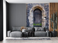 Arched entry mural showing white painted lettering on dark stone header., GD10450
