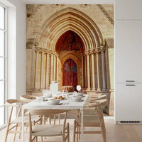 Gothic entryway grandeur wall mural in a dining room with red door., GD10451