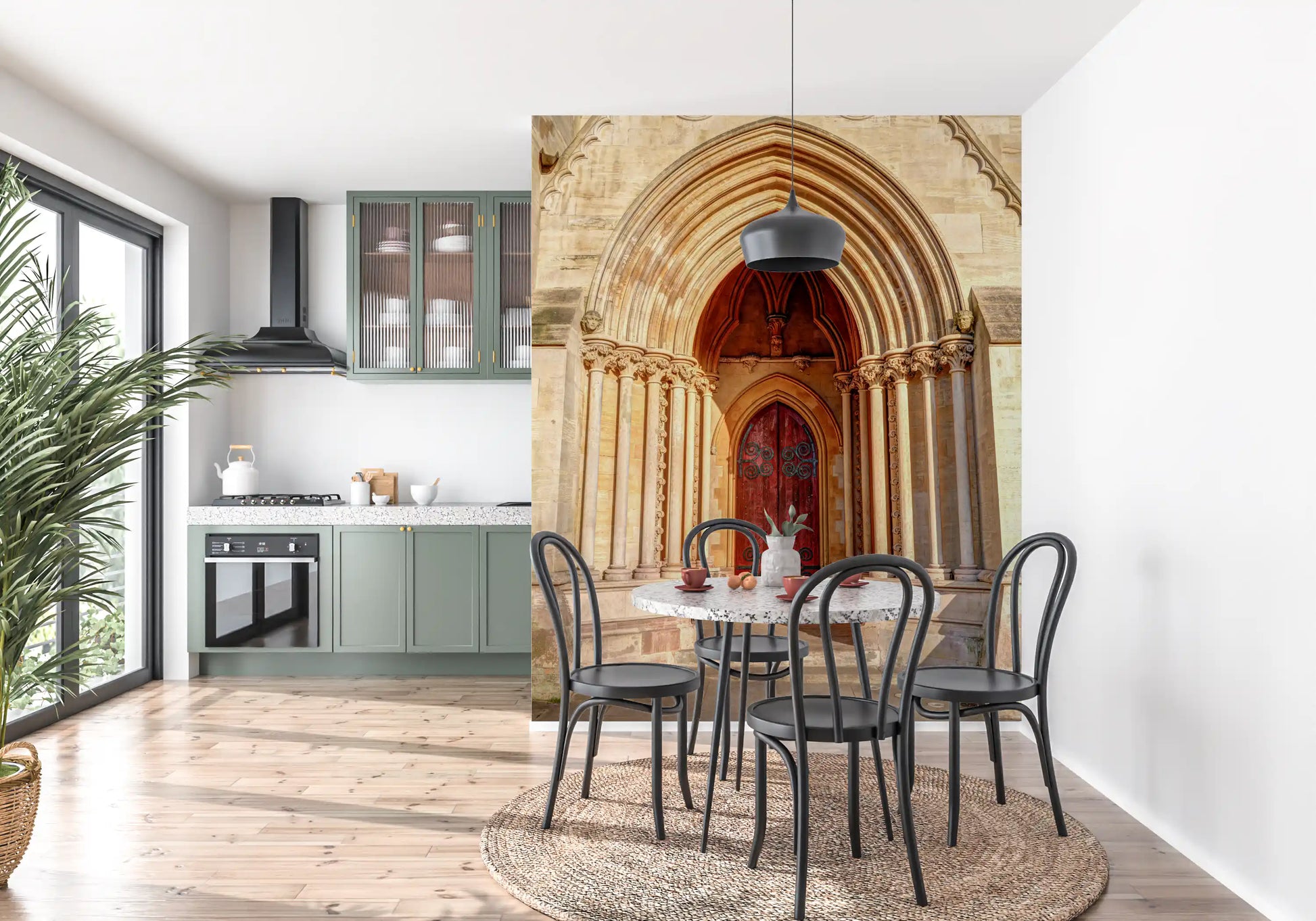 Warm sandstone and crimson tones in pointed arch cathedral wall mural., GD10451