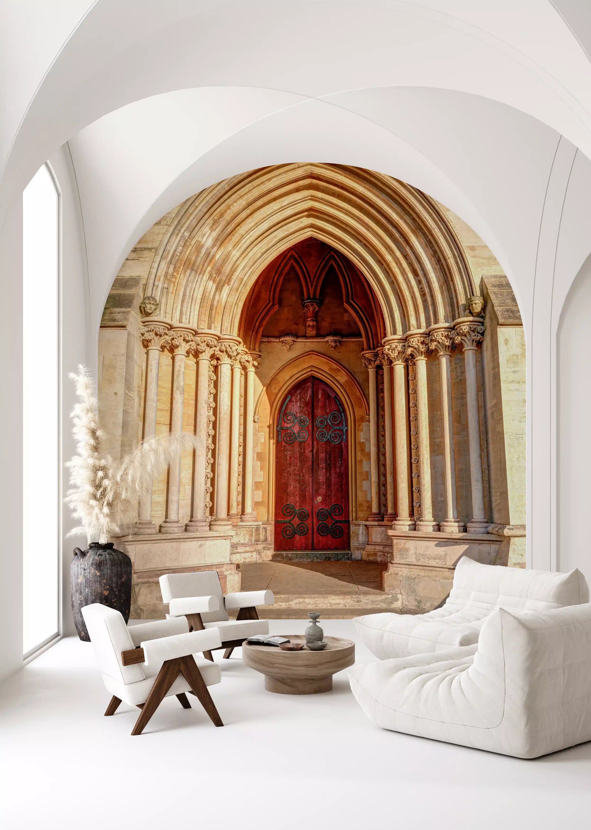 Trefoil tracery and carved stonework above Gothic arch wall mural., GD10451