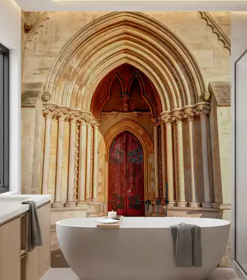 Pointed arch cathedral door wall mural displayed in a bathroom with brown tone., GD10451
