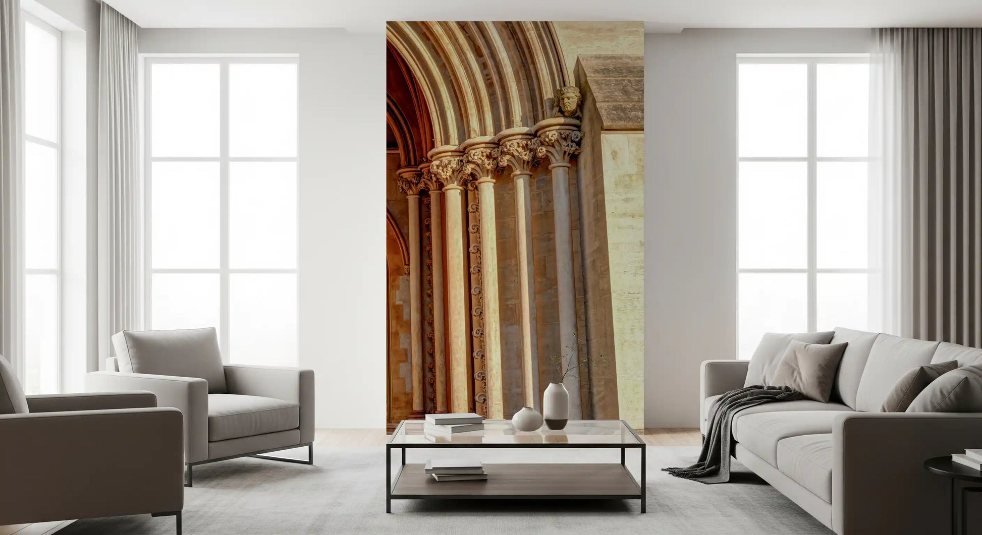 Gothic entryway wall mural with pointed arch and deep red wooden door., GD10451
