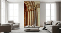 Gothic entryway wall mural with pointed arch and deep red wooden door., GD10451