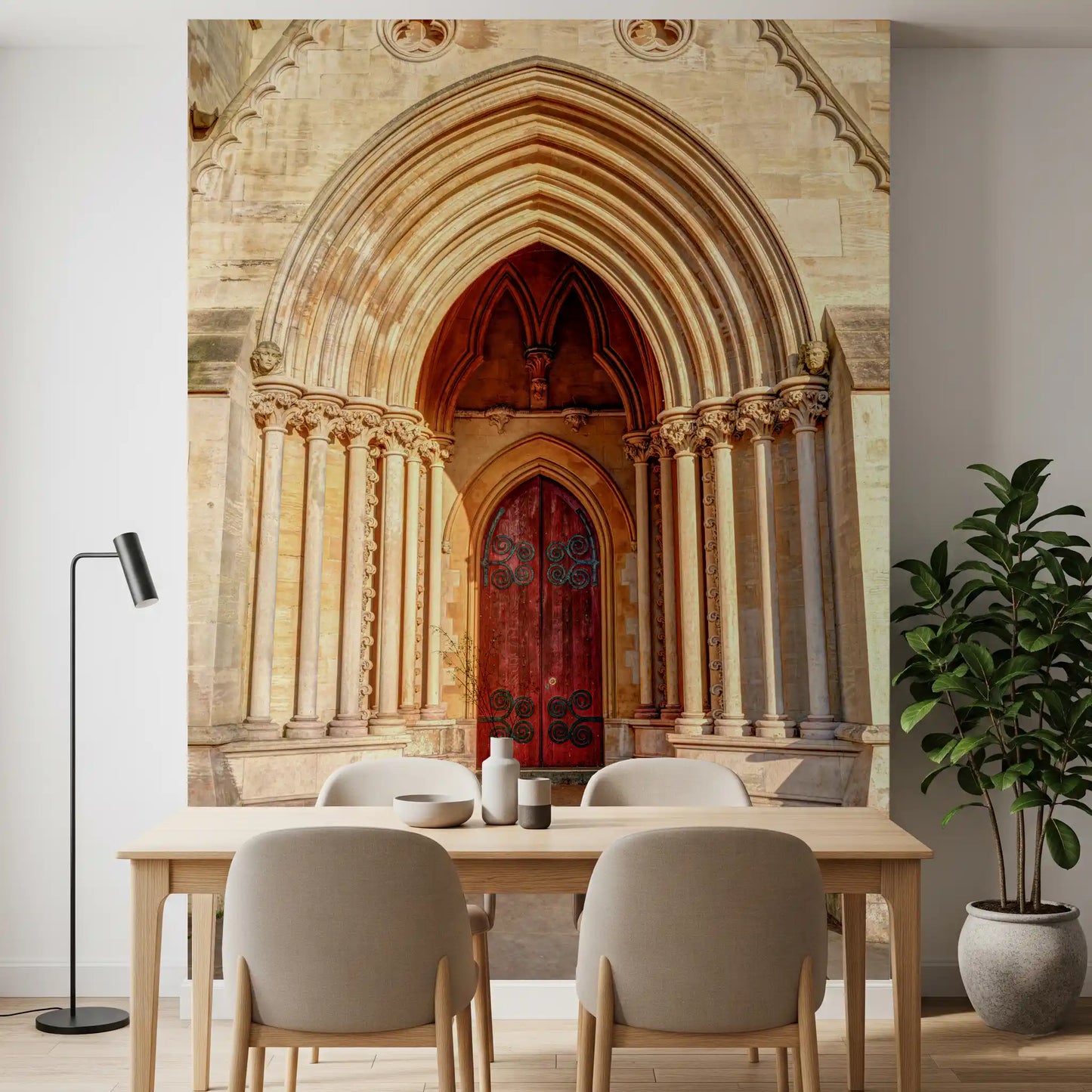 Gothic entryway mural showing recessed doorway and iron door hardware., GD10451