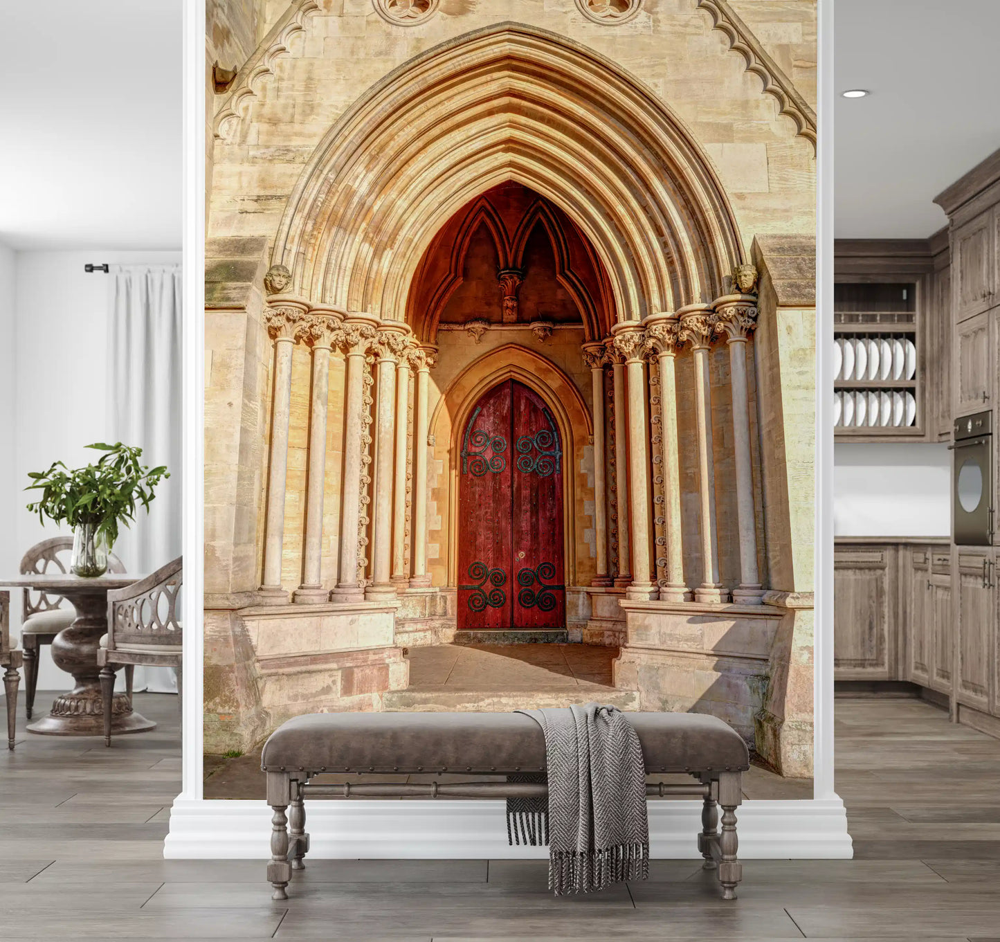 Layered stone mouldings and archivolt bands in Gothic arch wall mural., GD10451
