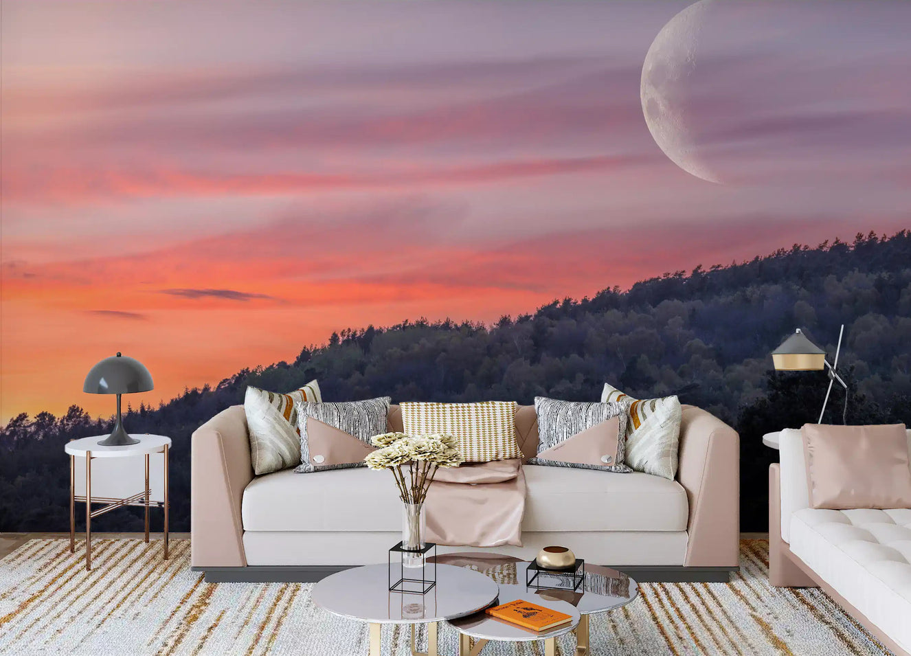 Dusk landscape wall mural with crescent moon in a living room space.