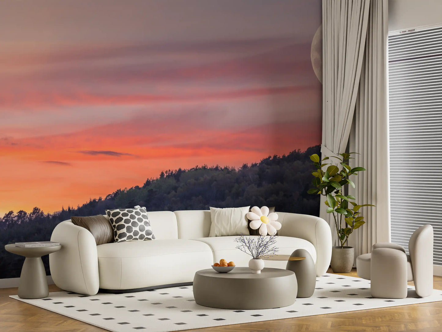 Muted blue-green tree canopy with warm horizon glow in twilight wall mural. 