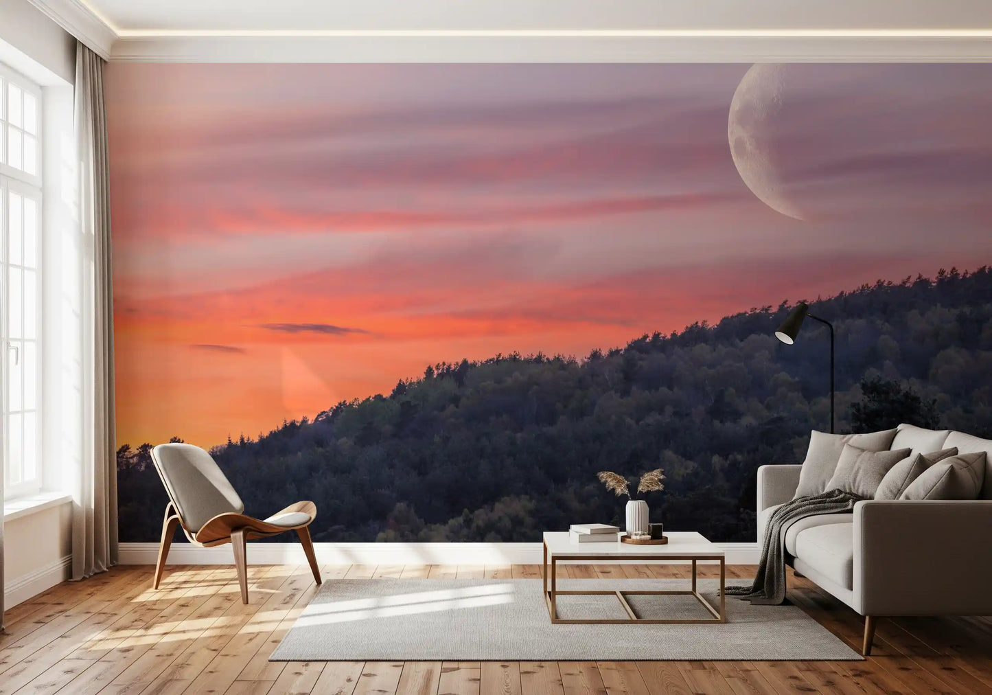 Twilight landscape wall mural with Large crescent moon with crater detail.