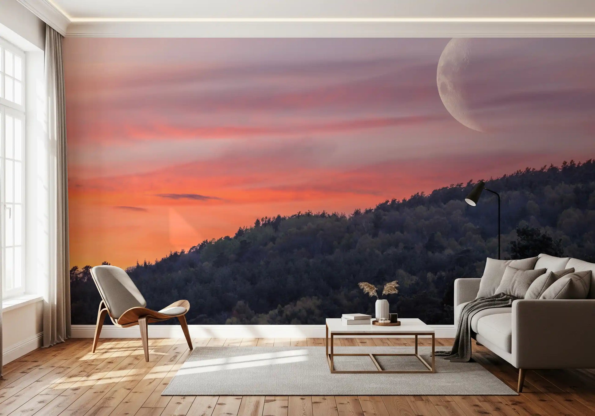 Twilight landscape wall mural with Large crescent moon with crater detail.