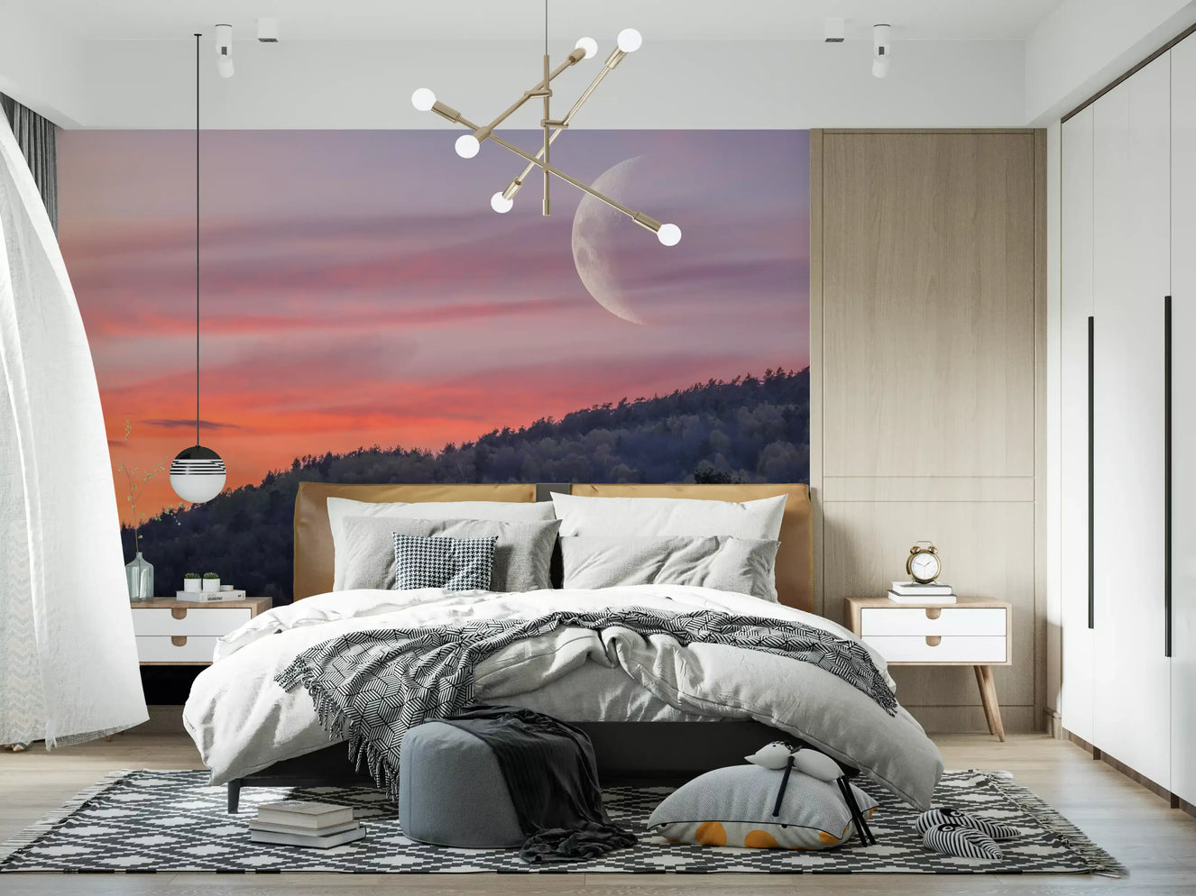 Twilight forest and crescent moon wall mural in a bedroom with forest canopy.