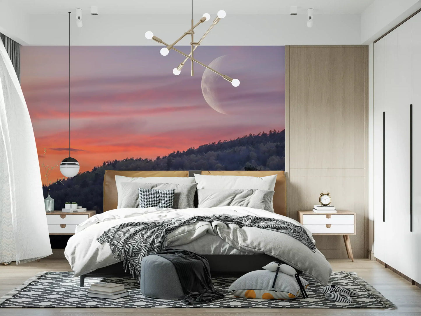 Twilight forest and crescent moon wall mural in a bedroom with forest canopy.