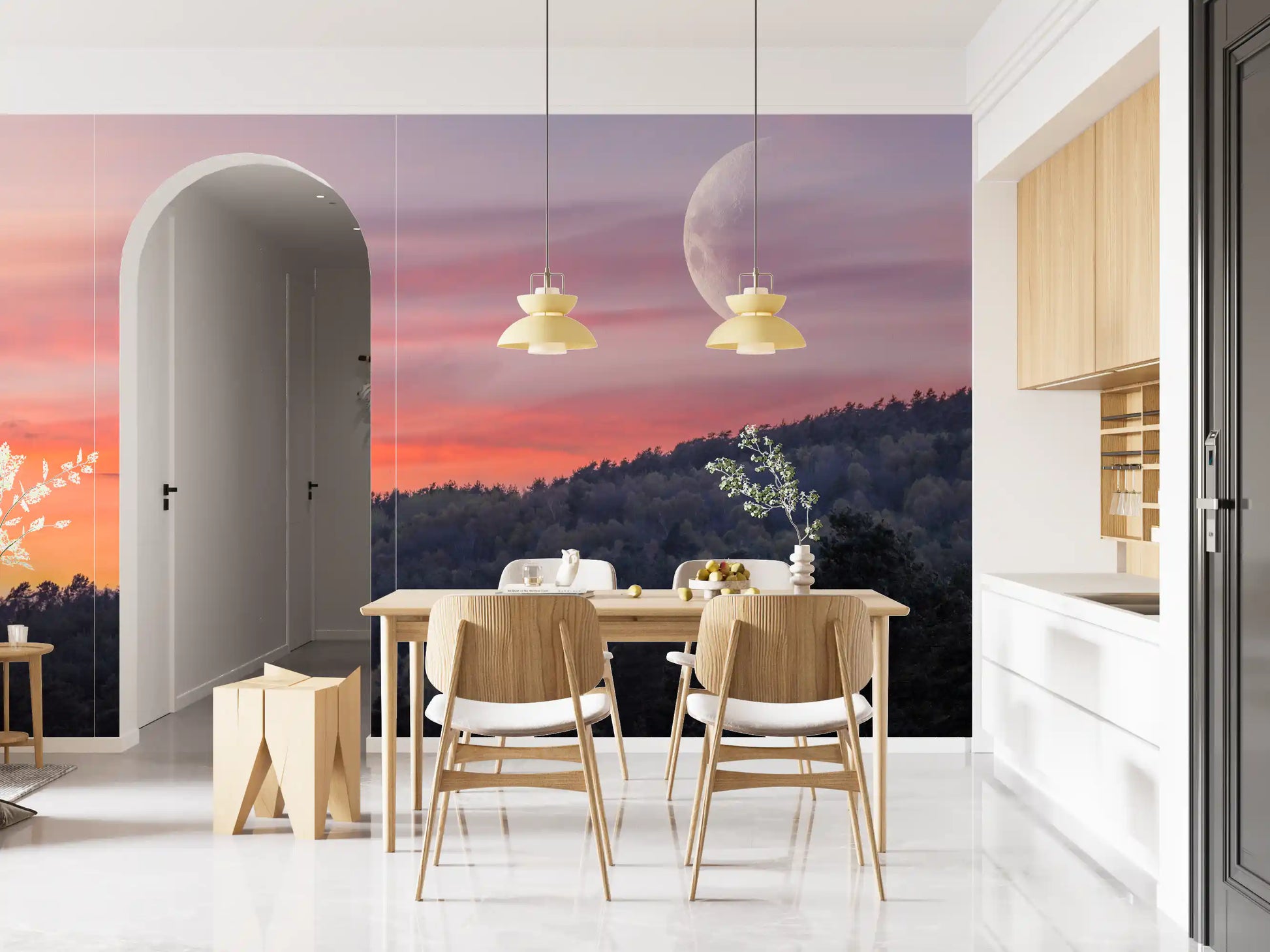 Forested hillside under orange and lavender twilight sky wall mural in dining room.