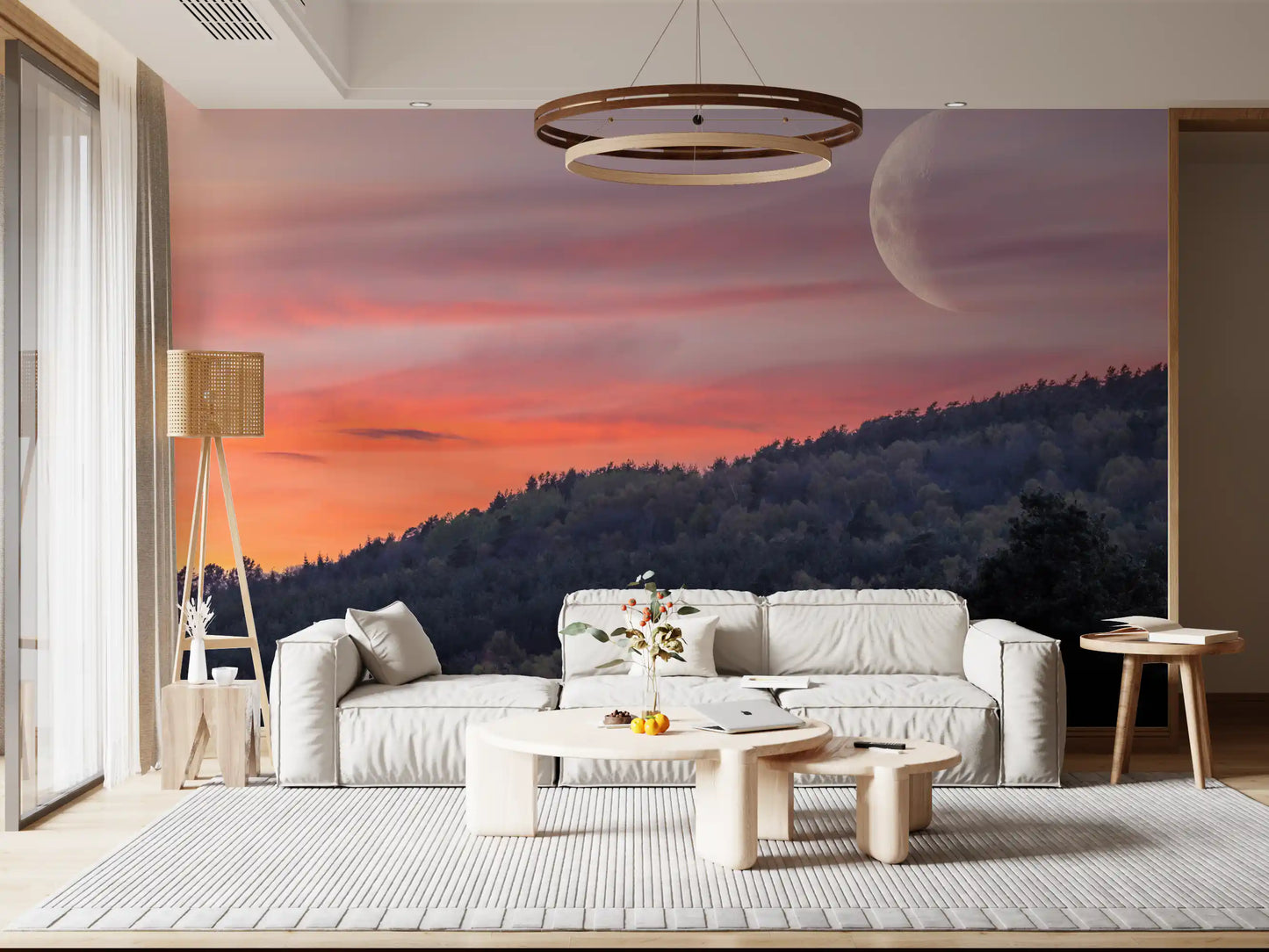 Dense evergreen and deciduous tree canopy on twilight hillside mural.
