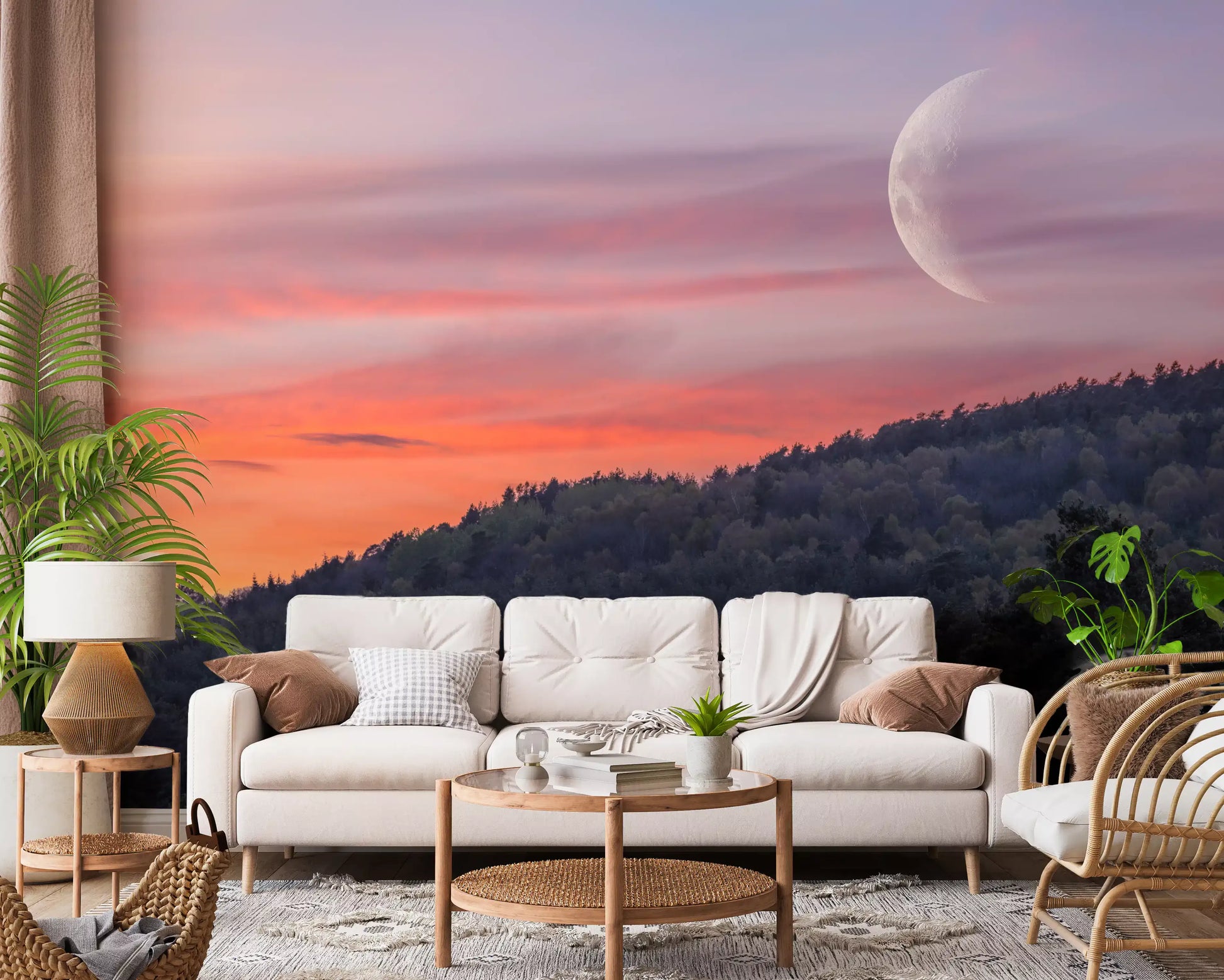 Forest wall mural with Coral and peach cloud streaks across dusk sky.