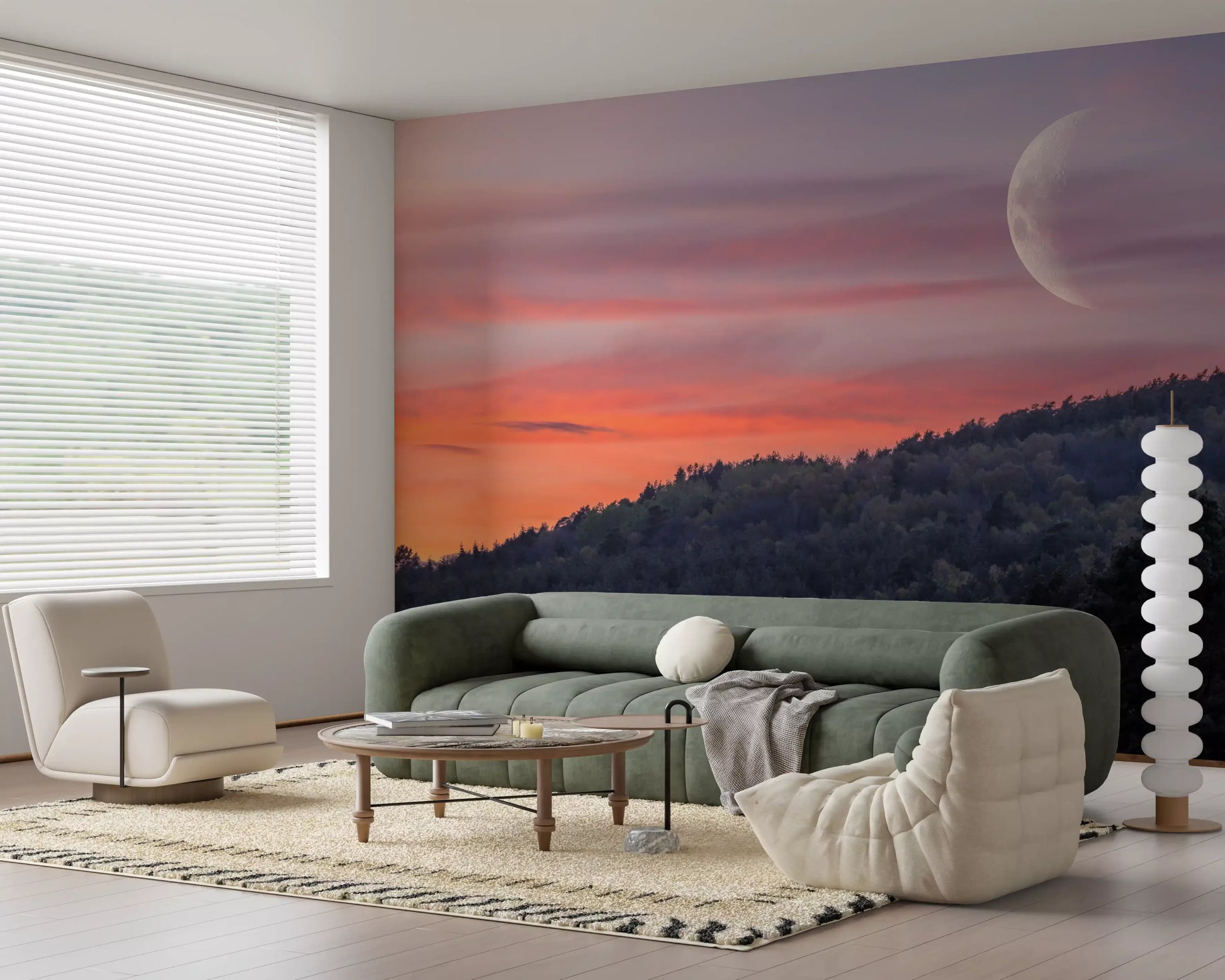 Twilight forest wall mural showing silver-toned trees and violet sky band.