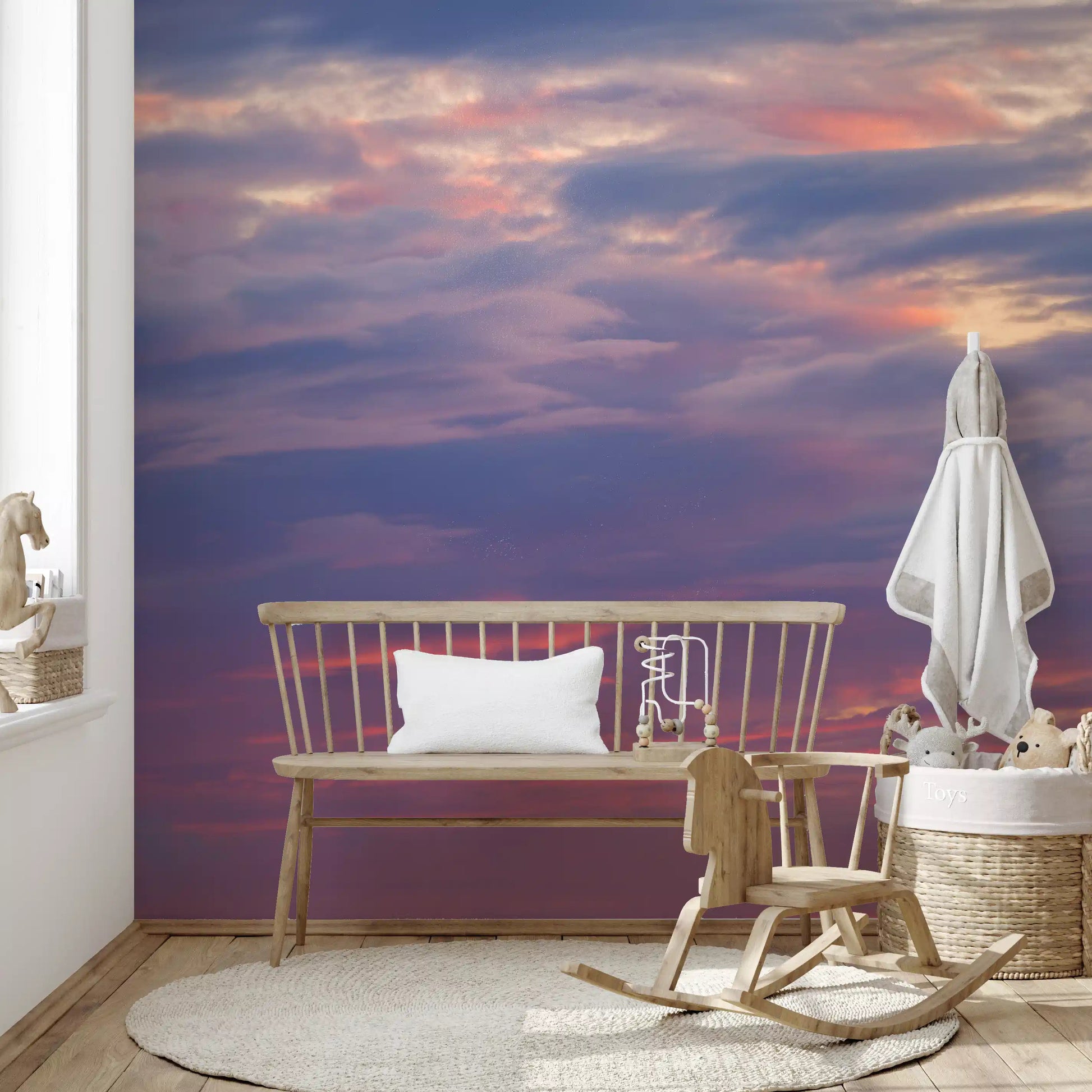 Dusk wall mural with Warm coral lower sky fading to cool violet upper band in nursery., GD10453