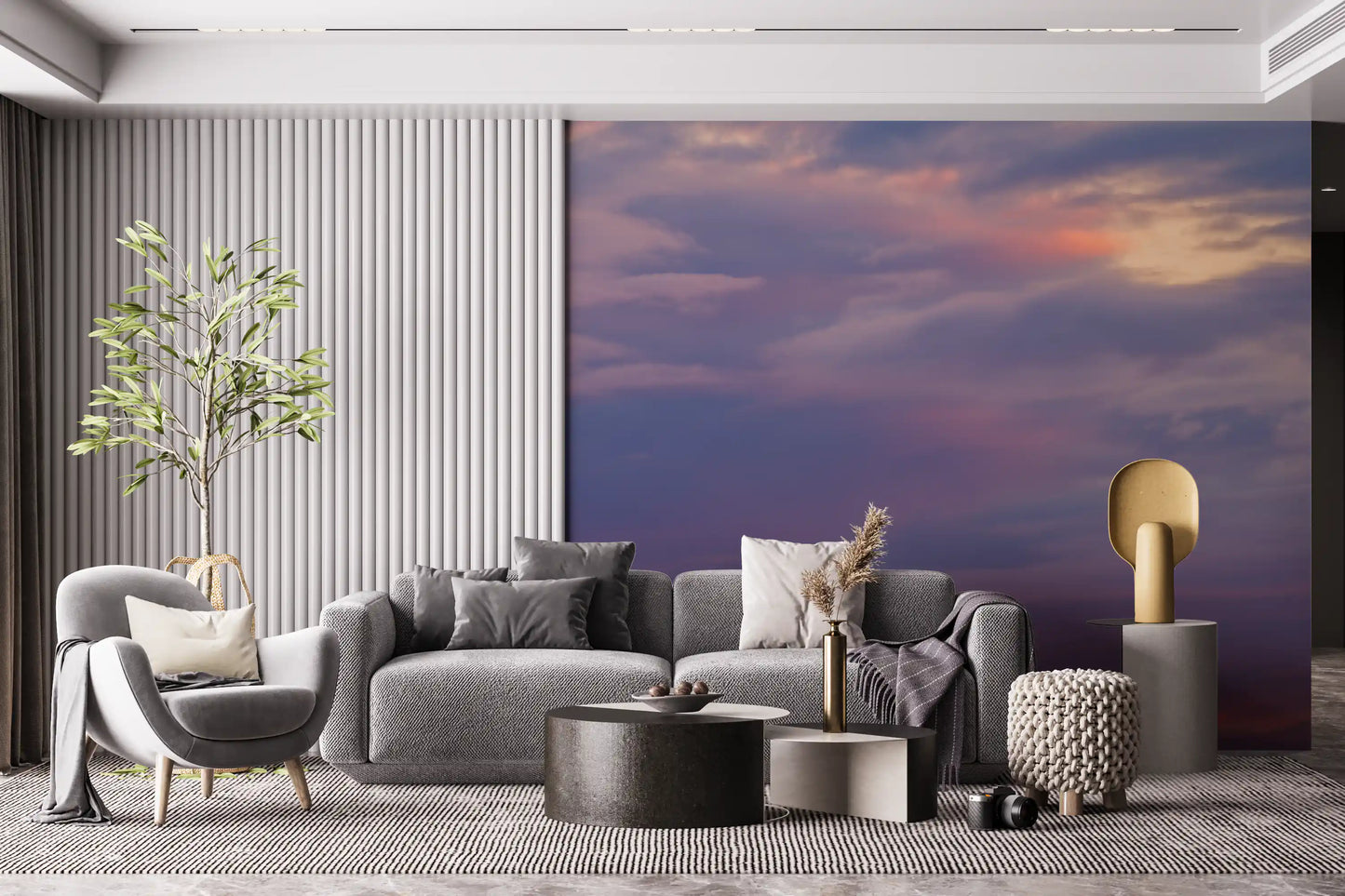Soft coral and peach cloud formations in twilight sky wall mural for living room., GD10453