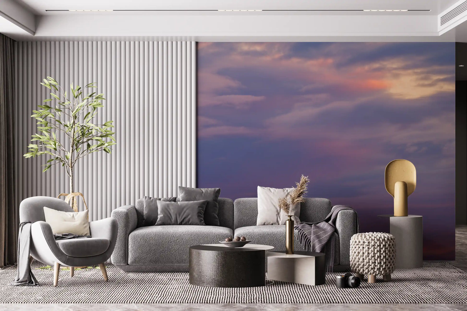 Soft coral and peach cloud formations in twilight sky wall mural for living room., GD10453
