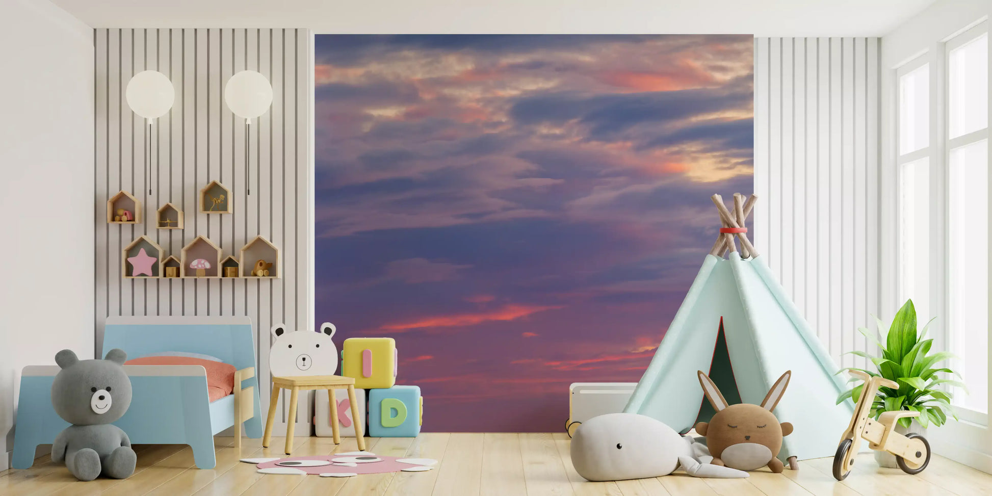 Twilight cloudscape wall mural in a kids bedroom with dusk sky scene., GD10453