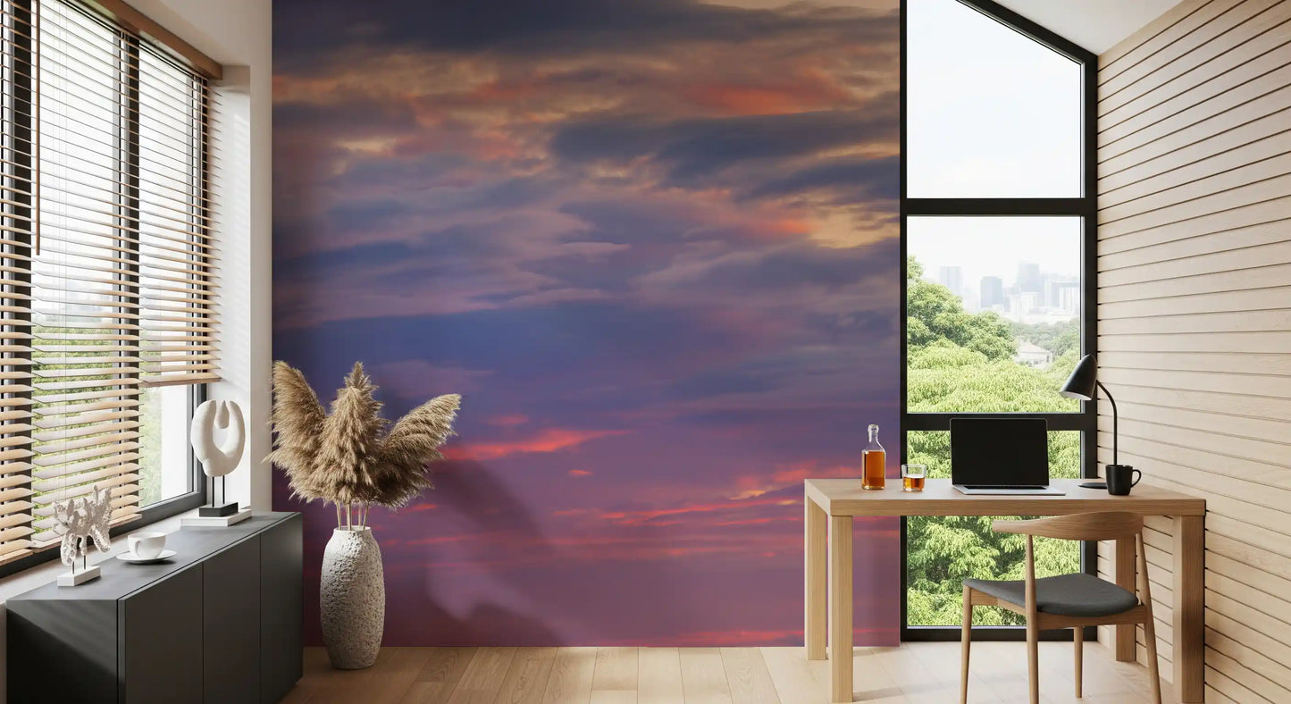 Scattered cream and peach lit clouds across purple dusk sky wall mural., GD10453
