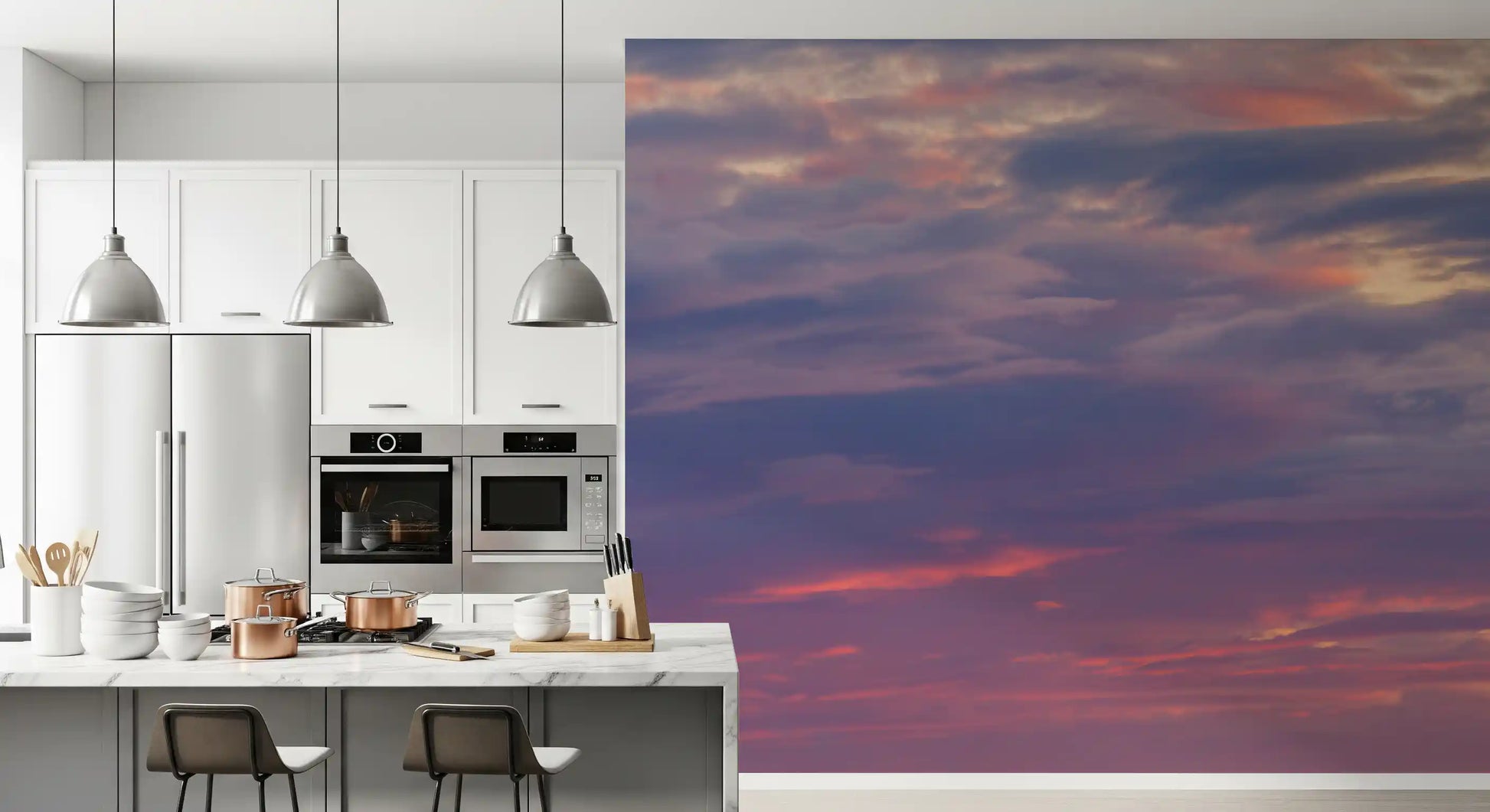 Twilight cloudscape wall mural with Layered flat and wispy cloud textures in kitchen., GD10453